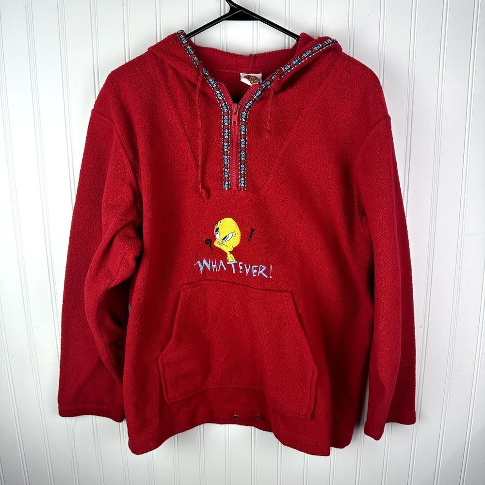Looney Tunes Red Fleece Tweety Bird 1/4 zip Hoodie Vintage 2000's